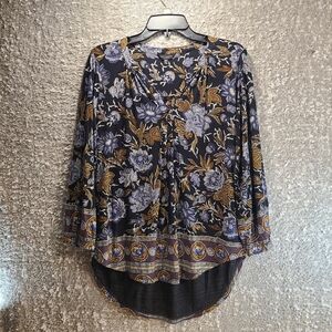 Lucky Brand Hi-Low Botanical 3/4 Sleeve Boho Top Blouse Peasant M Viscose